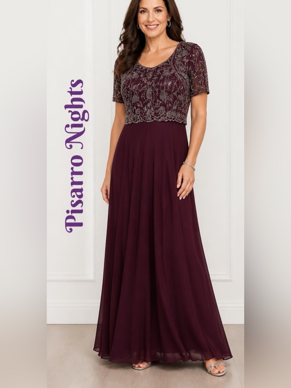 Pisarro Nights Maxi Gown Womens Sz 4 Red Wine Bead Bodice Lined Chiffon Overlay